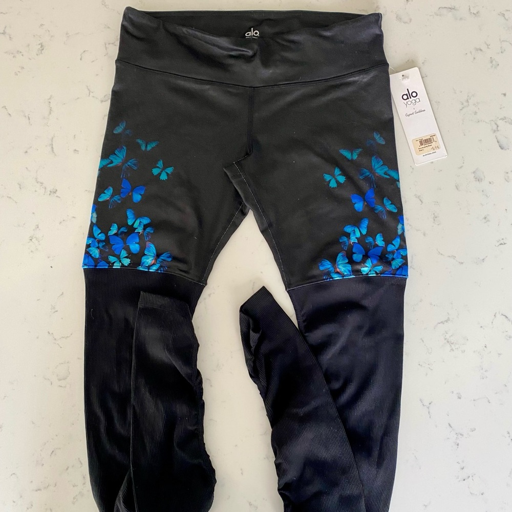 ALO YOGA WOMENS BLACK BUTTERFLY PRINT BARRE YOGA TIGHTS LEGGINGS SZ LARGE NEW
